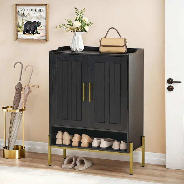 Alt view image 6 of 7 - Shoe Cabinet, 5-Tier Shoe Storage Organizer with Doors, Wooden Shoe Cabinet Storage for Entryway, Freestanding Shoe Rack Cabinet with 3 Adjustable Shelves for Hallway, Gold and Black DB41SC01