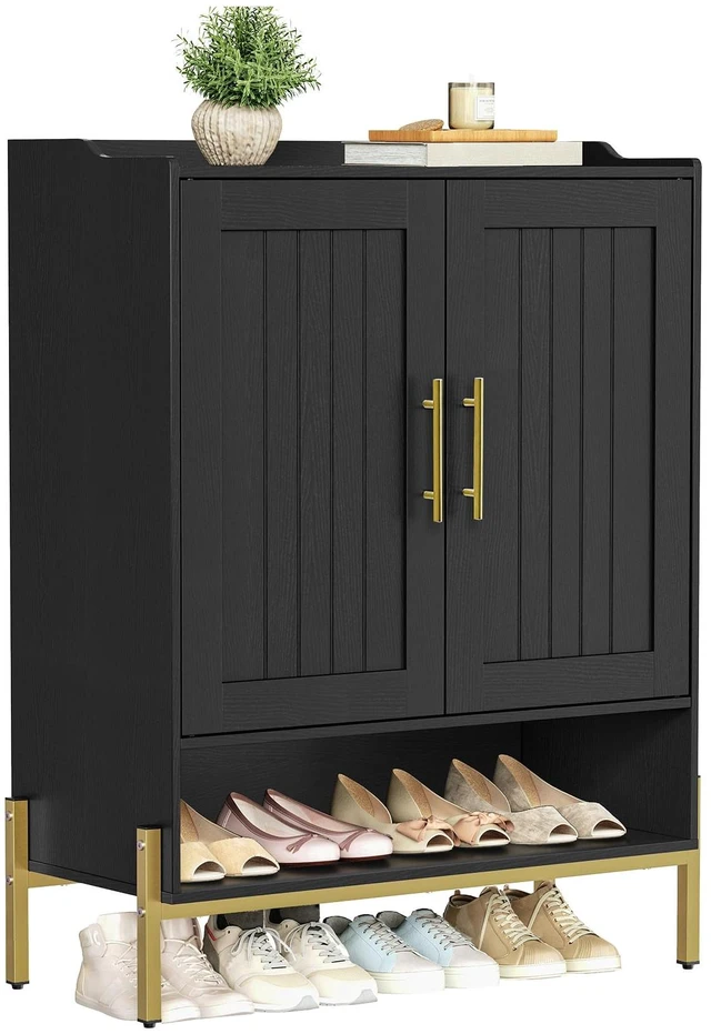 Main image of Shoe Cabinet, 5-Tier Shoe Storage Organizer with Doors, Wooden Shoe Cabinet Storage for Entryway, Freestanding Shoe Rack Cabinet with 3 Adjustable Shelves for Hallway, Gold and Black DB41SC01