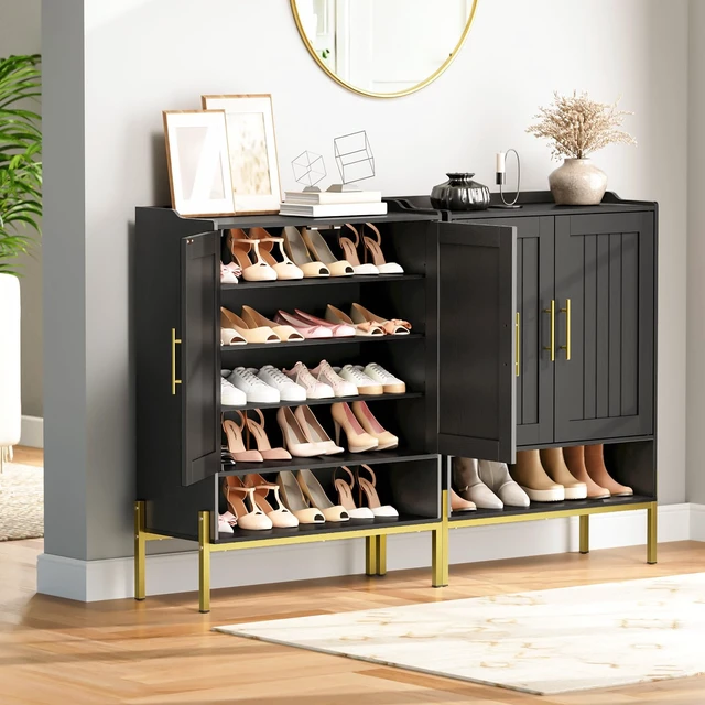 Alt view image 4 of 7 - Shoe Cabinet, 5-Tier Shoe Storage Organizer with Doors, Wooden Shoe Cabinet Storage for Entryway, Freestanding Shoe Rack Cabinet with 3 Adjustable Shelves for Hallway, Gold and Black DB41SC01