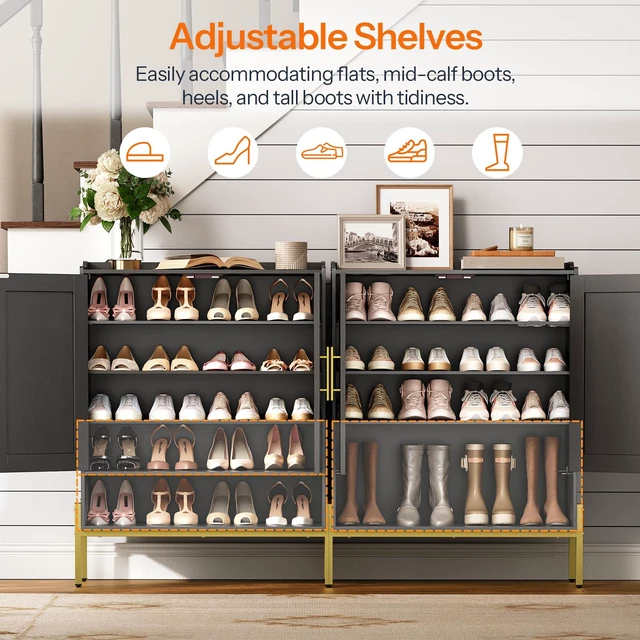 Alt view image 5 of 7 - Shoe Cabinet, 5-Tier Shoe Storage Organizer with Doors, Wooden Shoe Cabinet Storage for Entryway, Freestanding Shoe Rack Cabinet with 3 Adjustable Shelves for Hallway, Gold and Black DB41SC01