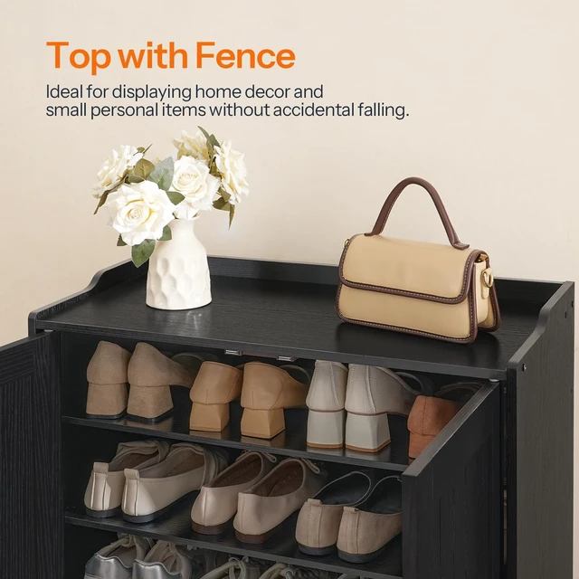 Alt view image 7 of 7 - Shoe Cabinet, 5-Tier Shoe Storage Organizer with Doors, Wooden Shoe Cabinet Storage for Entryway, Freestanding Shoe Rack Cabinet with 3 Adjustable Shelves for Hallway, Gold and Black DB41SC01