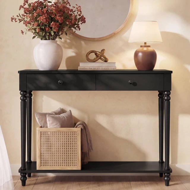 Main image of 39.3"Console Table, Narrow Entryway Sofa Table with Solid Wood Legs | Drawers and Shelf, Mid-Century Modern, for Hallway Doorway Living Room, Ink Black, MARIEL Collection ULNT139B101S