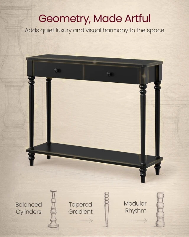 Alt view image 2 of 5 - 39.3"Console Table, Narrow Entryway Sofa Table with Solid Wood Legs | Drawers and Shelf, Mid-Century Modern, for Hallway Doorway Living Room, Ink Black, MARIEL Collection ULNT139B101S