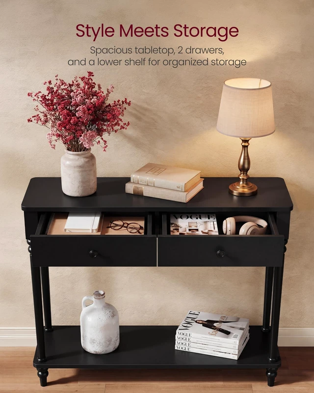 Alt view image 3 of 5 - 39.3"Console Table, Narrow Entryway Sofa Table with Solid Wood Legs | Drawers and Shelf, Mid-Century Modern, for Hallway Doorway Living Room, Ink Black, MARIEL Collection ULNT139B101S