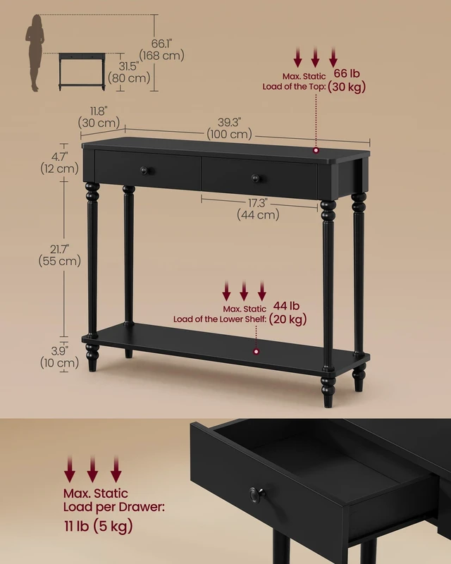 Alt view image 5 of 5 - 39.3"Console Table, Narrow Entryway Sofa Table with Solid Wood Legs | Drawers and Shelf, Mid-Century Modern, for Hallway Doorway Living Room, Ink Black, MARIEL Collection ULNT139B101S