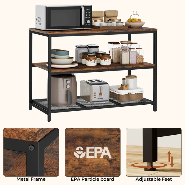 Alt view image 2 of 7 - 39.4" L Kitchen Island with 3 Shelves, Workbench, Microwave Stand | Kitchen Shelf with Large Wooden Workstation, Bakers Rack,Metal Frame, Industrial, Rustic Brown and Black