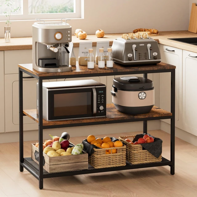 Main image of 39.4" L Kitchen Island with 3 Shelves, Workbench, Microwave Stand | Kitchen Shelf with Large Wooden Workstation, Bakers Rack,Metal Frame, Industrial, Rustic Brown and Black