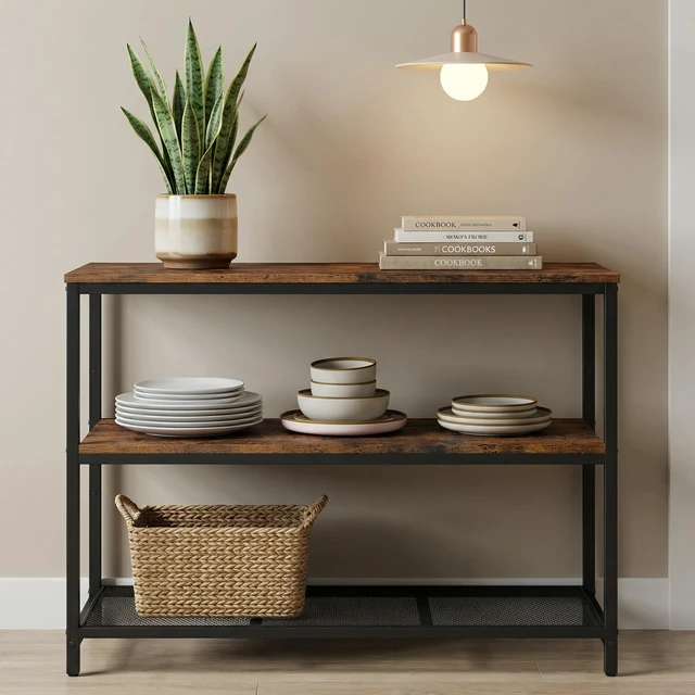 Alt view image 4 of 7 - 39.4" L Kitchen Island with 3 Shelves, Workbench, Microwave Stand | Kitchen Shelf with Large Wooden Workstation, Bakers Rack,Metal Frame, Industrial, Rustic Brown and Black