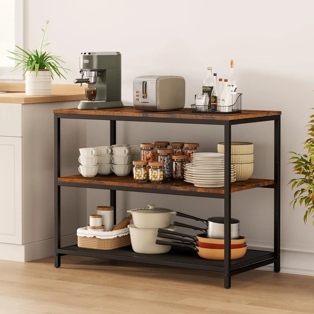 Alt view image 5 of 7 - 39.4" L Kitchen Island with 3 Shelves, Workbench, Microwave Stand | Kitchen Shelf with Large Wooden Workstation, Bakers Rack,Metal Frame, Industrial, Rustic Brown and Black