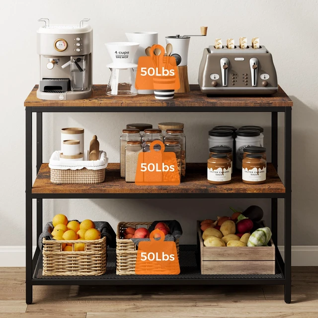 Alt view image 7 of 7 - 39.4" L Kitchen Island with 3 Shelves, Workbench, Microwave Stand | Kitchen Shelf with Large Wooden Workstation, Bakers Rack,Metal Frame, Industrial, Rustic Brown and Black