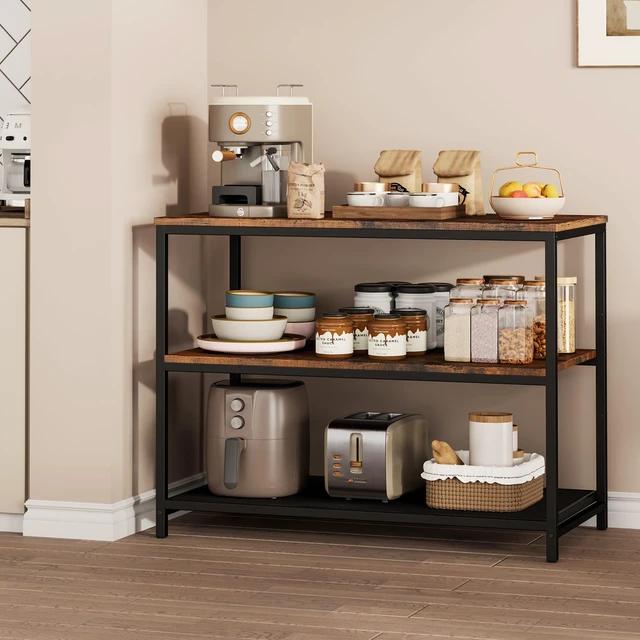 Alt view image 6 of 7 - 39.4" L Kitchen Island with 3 Shelves, Workbench, Microwave Stand | Kitchen Shelf with Large Wooden Workstation, Bakers Rack,Metal Frame, Industrial, Rustic Brown and Black