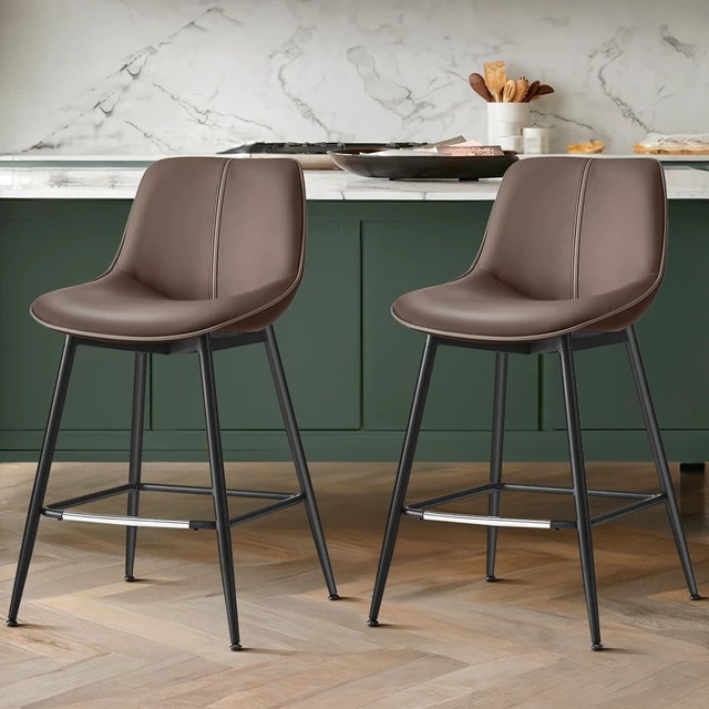 Main image of Bar Stools Set of 2, Counter Height, with Back, 24.8-Inch | PU Leather, Ergonomic Backrest, Metal Legs, for Kitchen Island, Easy Assembly, Coffee Brown, LYNA Collection ULBC088K02