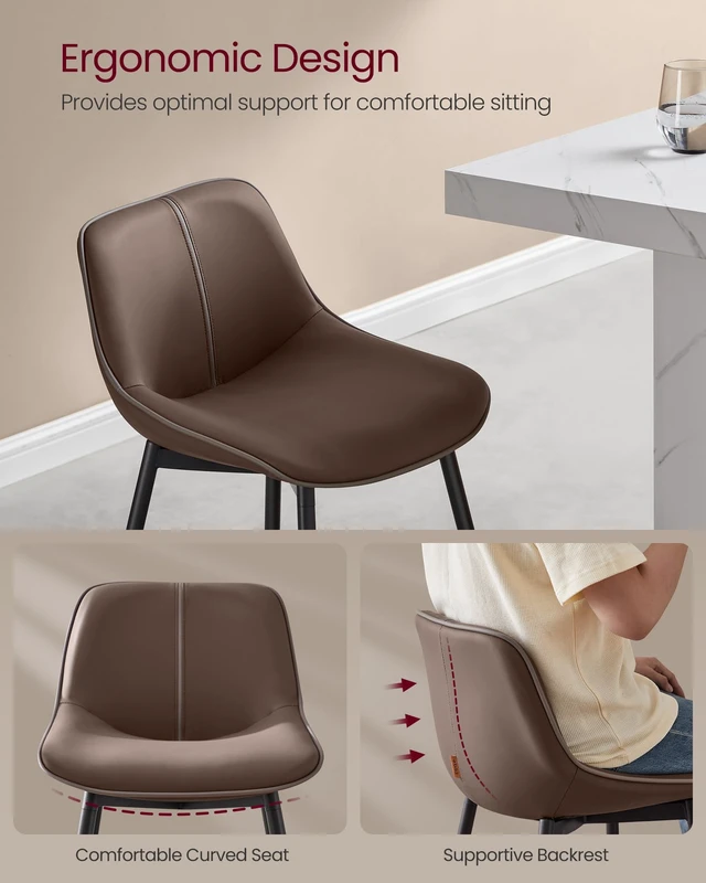 Alt view image 3 of 7 - Bar Stools Set of 2, Counter Height, with Back, 24.8-Inch | PU Leather, Ergonomic Backrest, Metal Legs, for Kitchen Island, Easy Assembly, Coffee Brown, LYNA Collection ULBC088K02