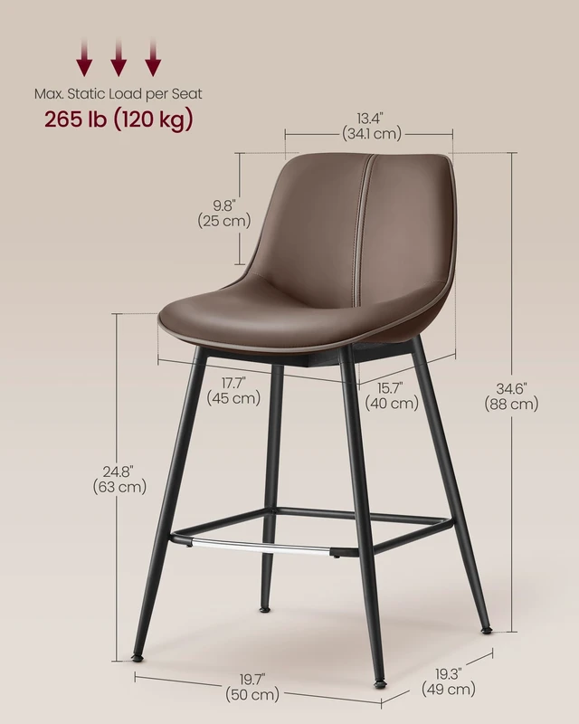 Alt view image 5 of 7 - Bar Stools Set of 2, Counter Height, with Back, 24.8-Inch | PU Leather, Ergonomic Backrest, Metal Legs, for Kitchen Island, Easy Assembly, Coffee Brown, LYNA Collection ULBC088K02
