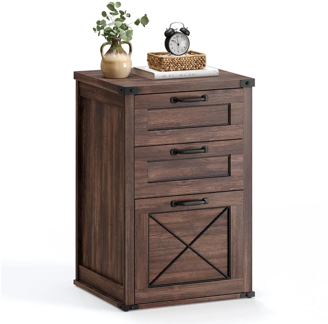 Main image of File Cabinet with 3 Drawers, Printer Stand, Fit A4 Letter Size | Hanging File Folders, Farmhouse Style, for Home Office, Maroon Brown, HANAN Collection UOFC054K02