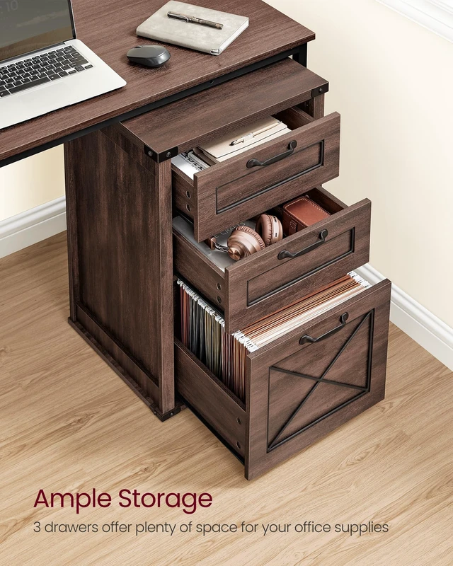 Alt view image 2 of 5 - File Cabinet with 3 Drawers, Printer Stand, Fit A4 Letter Size | Hanging File Folders, Farmhouse Style, for Home Office, Maroon Brown, HANAN Collection UOFC054K02