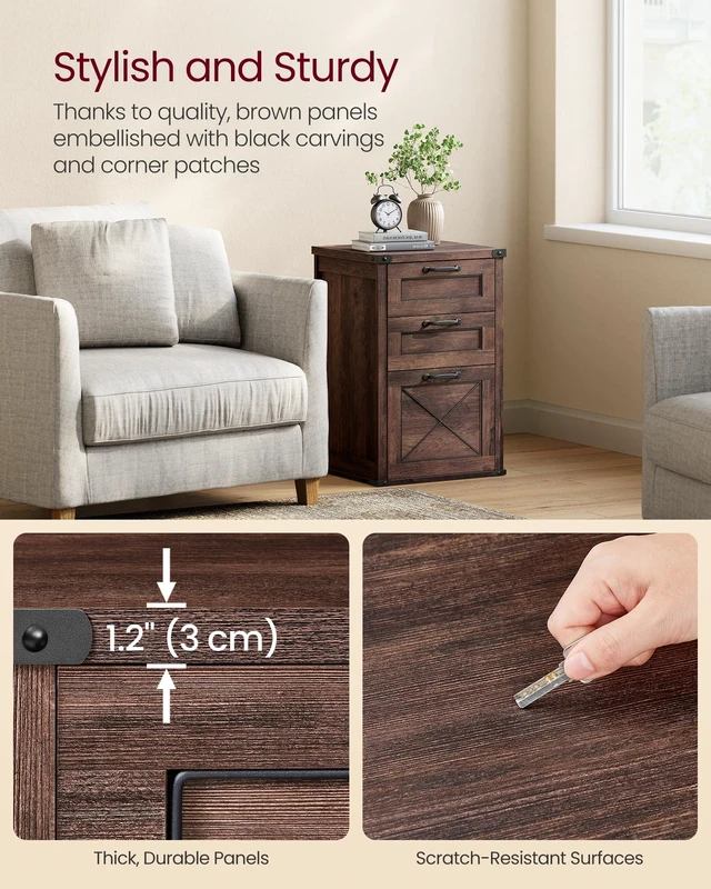 Alt view image 4 of 5 - File Cabinet with 3 Drawers, Printer Stand, Fit A4 Letter Size | Hanging File Folders, Farmhouse Style, for Home Office, Maroon Brown, HANAN Collection UOFC054K02