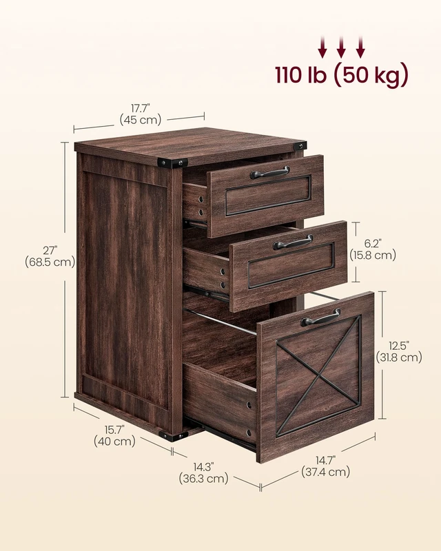 Alt view image 5 of 5 - File Cabinet with 3 Drawers, Printer Stand, Fit A4 Letter Size | Hanging File Folders, Farmhouse Style, for Home Office, Maroon Brown, HANAN Collection UOFC054K02