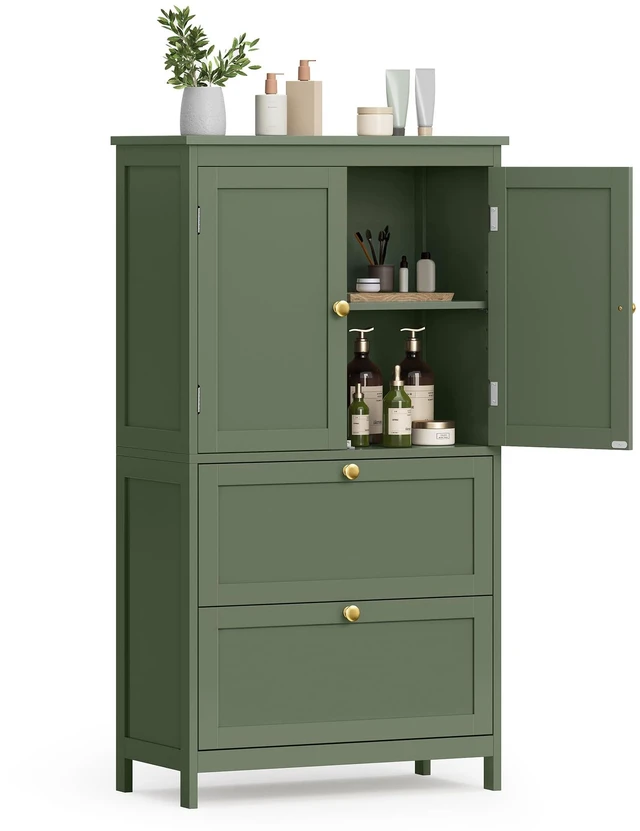 Main image of Bathroom Floor Cabinet with 2 Doors, 2 Drawers, Forest Green | Freestanding Bathroom Storage Unit, Adjustable Shelf, 23.6 x 11.8 x 43.3 Inches, HELAN Collection UBBC551C01