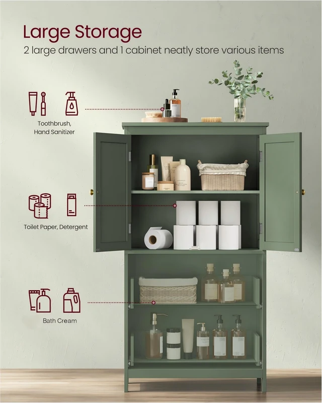 Alt view image 2 of 7 - Bathroom Floor Cabinet with 2 Doors, 2 Drawers, Forest Green | Freestanding Bathroom Storage Unit, Adjustable Shelf, 23.6 x 11.8 x 43.3 Inches, HELAN Collection UBBC551C01