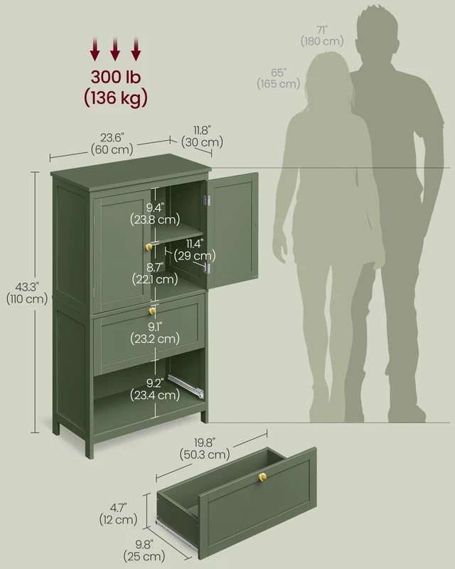Alt view image 4 of 7 - Bathroom Floor Cabinet with 2 Doors, 2 Drawers, Forest Green | Freestanding Bathroom Storage Unit, Adjustable Shelf, 23.6 x 11.8 x 43.3 Inches, HELAN Collection UBBC551C01