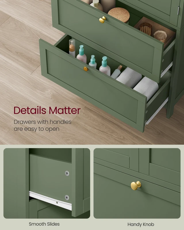 Alt view image 5 of 7 - Bathroom Floor Cabinet with 2 Doors, 2 Drawers, Forest Green | Freestanding Bathroom Storage Unit, Adjustable Shelf, 23.6 x 11.8 x 43.3 Inches, HELAN Collection UBBC551C01
