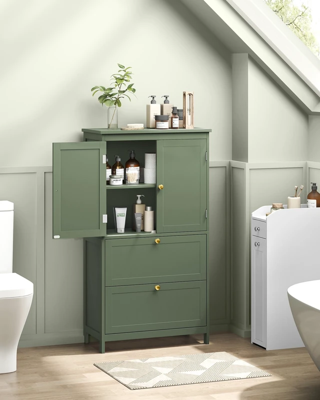 Alt view image 6 of 7 - Bathroom Floor Cabinet with 2 Doors, 2 Drawers, Forest Green | Freestanding Bathroom Storage Unit, Adjustable Shelf, 23.6 x 11.8 x 43.3 Inches, HELAN Collection UBBC551C01