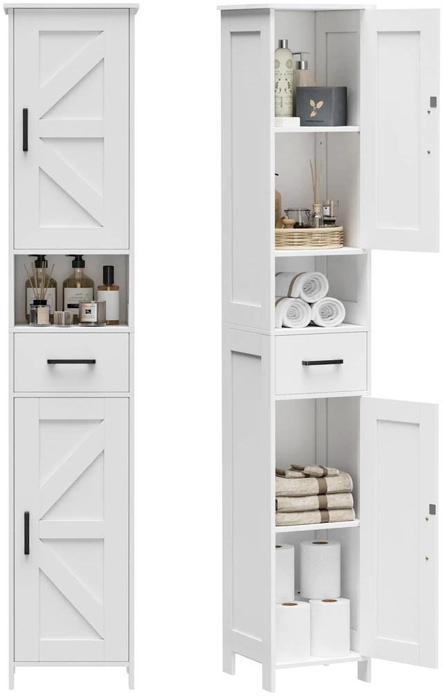 Main image of 67" H Tall Bathroom Storage Cabinet with Barn Doors and Drawer | Narrow Storage Unit with Adjustable Shelves, Floor Cabinet for Bathroom, Living Room, Entryway or Kitchen, White, 11.8" W