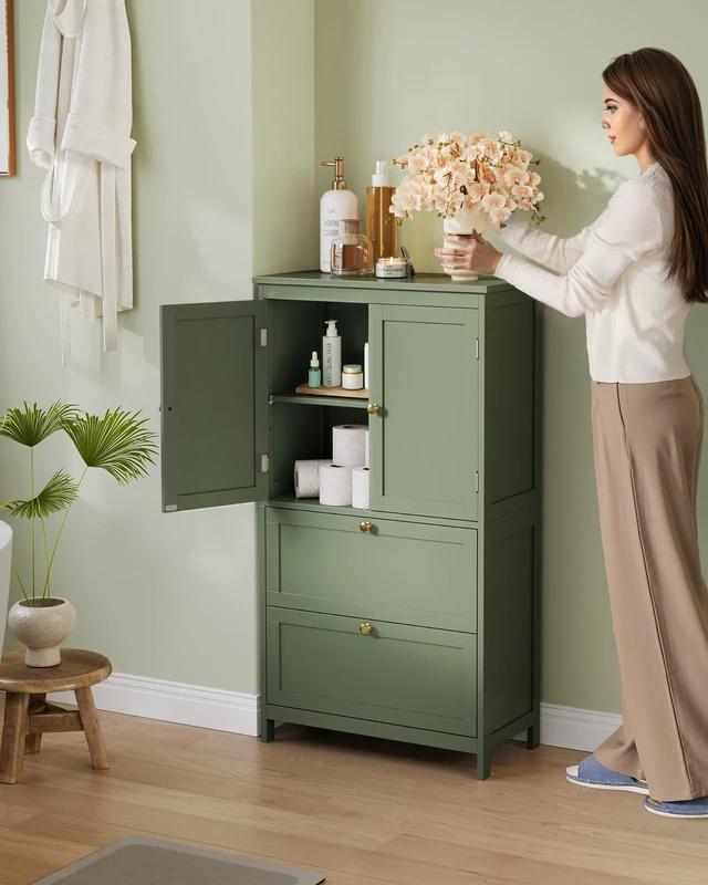 Alt view image 7 of 7 - Bathroom Floor Cabinet with 2 Doors, 2 Drawers, Forest Green | Freestanding Bathroom Storage Unit, Adjustable Shelf, 23.6 x 11.8 x 43.3 Inches, HELAN Collection UBBC551C01