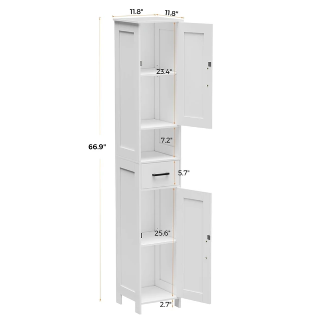 Alt view image 3 of 7 - 67" H Tall Bathroom Storage Cabinet with Barn Doors and Drawer | Narrow Storage Unit with Adjustable Shelves, Floor Cabinet for Bathroom, Living Room, Entryway or Kitchen, White, 11.8" W