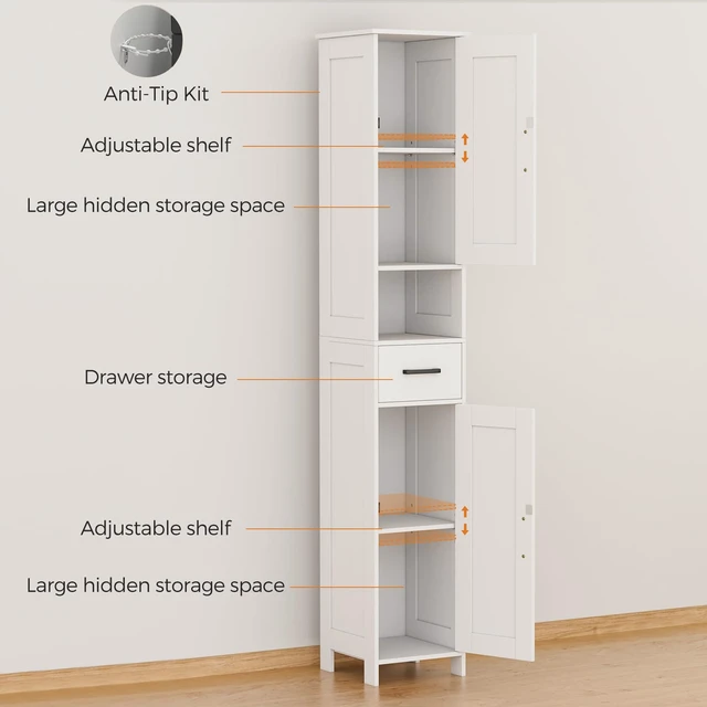 Alt view image 4 of 7 - 67" H Tall Bathroom Storage Cabinet with Barn Doors and Drawer | Narrow Storage Unit with Adjustable Shelves, Floor Cabinet for Bathroom, Living Room, Entryway or Kitchen, White, 11.8" W