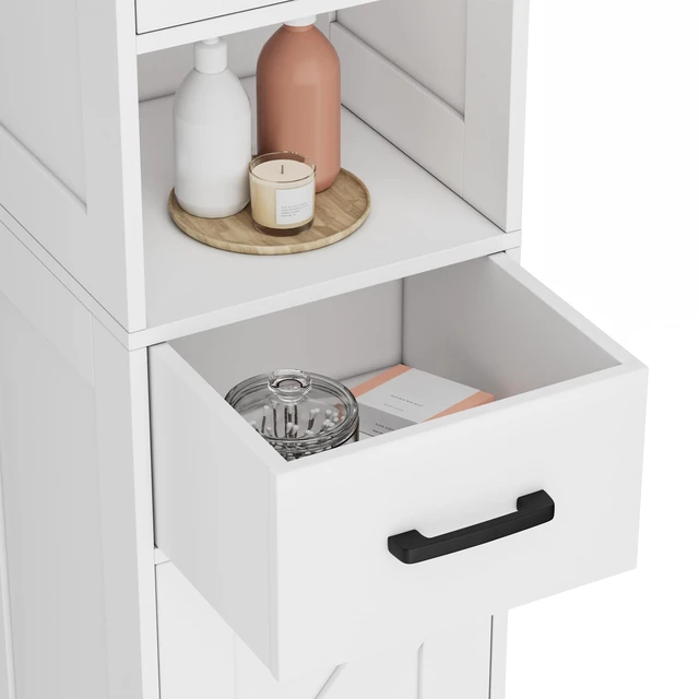 Alt view image 6 of 7 - 67" H Tall Bathroom Storage Cabinet with Barn Doors and Drawer | Narrow Storage Unit with Adjustable Shelves, Floor Cabinet for Bathroom, Living Room, Entryway or Kitchen, White, 11.8" W