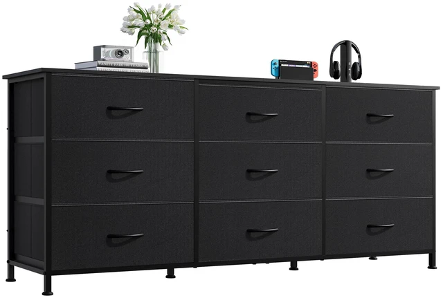 Main image of Dresser TV Stand for 65'' TV, 9 Fabric Drawers of Wide Dresser, Black | Dresser for Bedroom with Steel Frame, Chest of Drawers with Wood Top, Easy to Assemble, Large Storage Capacity