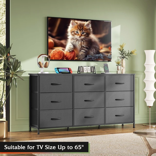 Alt view image 2 of 7 - Dresser TV Stand for 65'' TV, 9 Fabric Drawers of Wide Dresser, Black | Dresser for Bedroom with Steel Frame, Chest of Drawers with Wood Top, Easy to Assemble, Large Storage Capacity