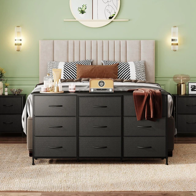 Alt view image 3 of 7 - Dresser TV Stand for 65'' TV, 9 Fabric Drawers of Wide Dresser, Black | Dresser for Bedroom with Steel Frame, Chest of Drawers with Wood Top, Easy to Assemble, Large Storage Capacity