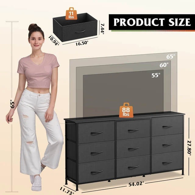 Alt view image 5 of 7 - Dresser TV Stand for 65'' TV, 9 Fabric Drawers of Wide Dresser, Black | Dresser for Bedroom with Steel Frame, Chest of Drawers with Wood Top, Easy to Assemble, Large Storage Capacity