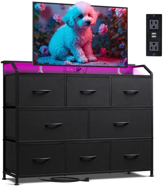 Main image of Dresser for Bedroom, 8 Drawer LED Dresser with Outlet, Black | 8 roomy fabric drawers, LED ambient lighting, Built-in power outlet, Bedroom or living room, Chest of drawers