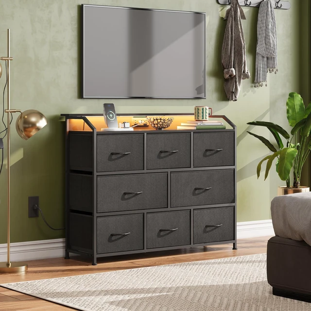 Alt view image 2 of 7 - Dresser for Bedroom, 8 Drawer LED Dresser with Outlet, Black | 8 roomy fabric drawers, LED ambient lighting, Built-in power outlet, Bedroom or living room, Chest of drawers