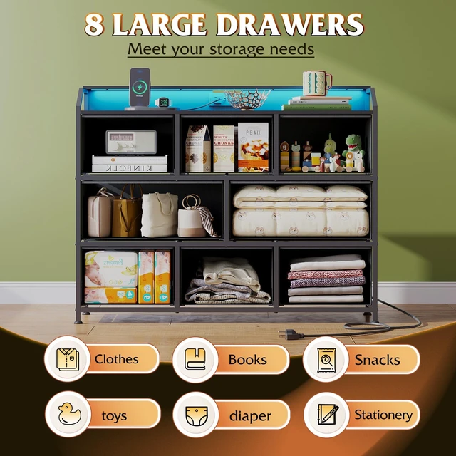 Alt view image 4 of 7 - Dresser for Bedroom, 8 Drawer LED Dresser with Outlet, Black | 8 roomy fabric drawers, LED ambient lighting, Built-in power outlet, Bedroom or living room, Chest of drawers