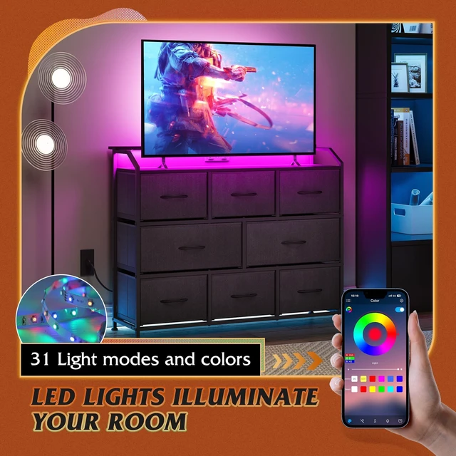 Alt view image 5 of 7 - Dresser for Bedroom, 8 Drawer LED Dresser with Outlet, Black | 8 roomy fabric drawers, LED ambient lighting, Built-in power outlet, Bedroom or living room, Chest of drawers