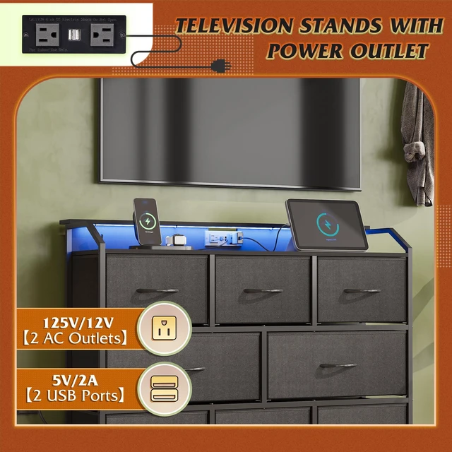 Alt view image 6 of 7 - Dresser for Bedroom, 8 Drawer LED Dresser with Outlet, Black | 8 roomy fabric drawers, LED ambient lighting, Built-in power outlet, Bedroom or living room, Chest of drawers