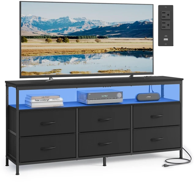 Main image of Dresser for Bedroom, Wide Dresser with 6 Drawers & Open Shelf | TV Stand for TVs Up to 65 Inches, Chest of Drawers for Closet & Living Room, Ink Black, BELLAH Collection ULGS834BH02S