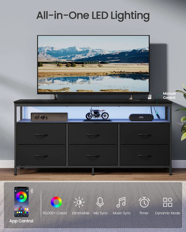 Alt view image 2 of 5 - Dresser for Bedroom, Wide Dresser with 6 Drawers & Open Shelf | TV Stand for TVs Up to 65 Inches, Chest of Drawers for Closet & Living Room, Ink Black, BELLAH Collection ULGS834BH02S