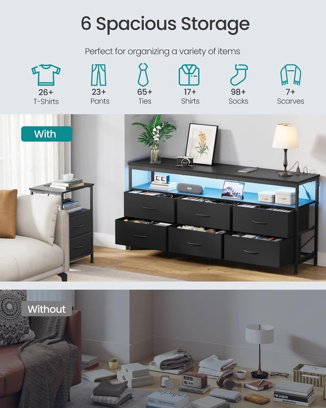 Alt view image 3 of 5 - Dresser for Bedroom, Wide Dresser with 6 Drawers & Open Shelf | TV Stand for TVs Up to 65 Inches, Chest of Drawers for Closet & Living Room, Ink Black, BELLAH Collection ULGS834BH02S