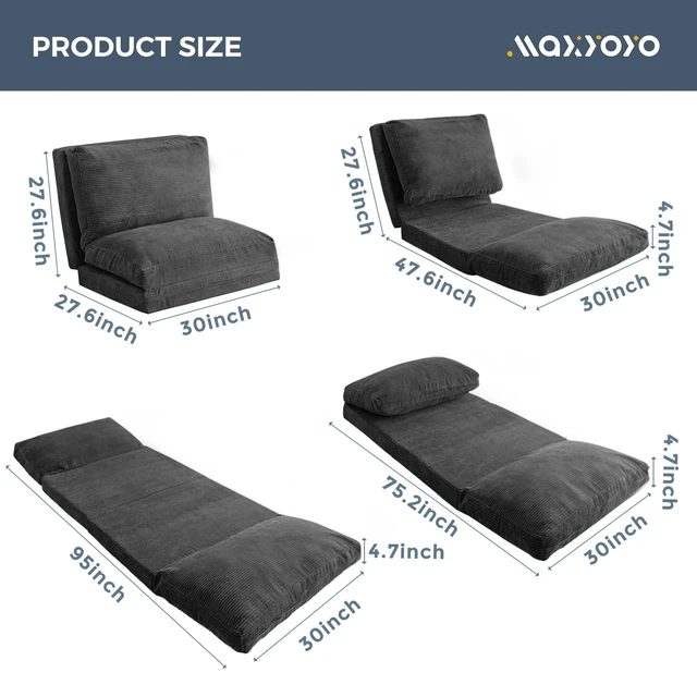 Alt view image 3 of 7 - Folding Sofa Bed, Convertible Chair Couch, Floor Bean Bag Sofa | Extra Thick with Washable Cover, Chaise Lounge, Bean Bag Couch Bed for Bedroom Living Room, Dark Grey, 30x91 Inch