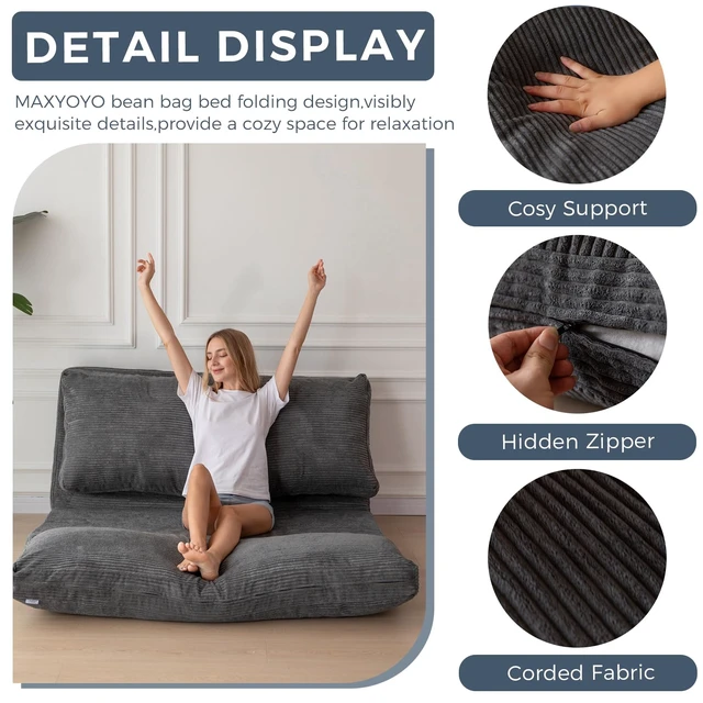Alt view image 5 of 7 - Folding Sofa Bed, Convertible Chair Couch, Floor Bean Bag Sofa | Extra Thick with Washable Cover, Chaise Lounge, Bean Bag Couch Bed for Bedroom Living Room, Dark Grey, 30x91 Inch