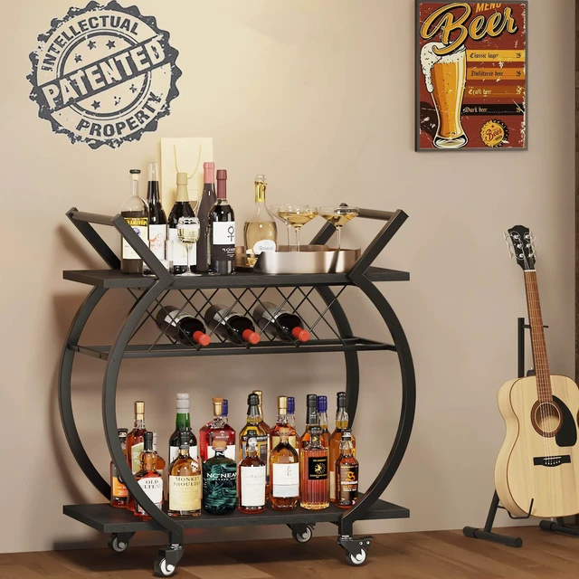 Alt view image 3 of 7 - Black Bar Cart with Wheels, Industrial Wine Cart with Storage for Home | Modern Bar Cart with Wine Rack, Beverage Rolling Kitchen Serving Cart, Wooden Microwave Drink Liquor Cart for Dining Room