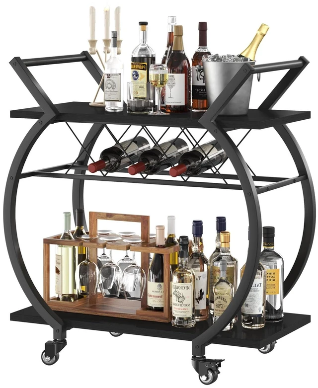 Main image of Black Bar Cart with Wheels, Industrial Wine Cart with Storage for Home | Modern Bar Cart with Wine Rack, Beverage Rolling Kitchen Serving Cart, Wooden Microwave Drink Liquor Cart for Dining Room