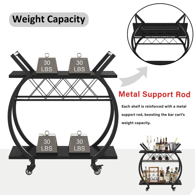 Alt view image 4 of 7 - Black Bar Cart with Wheels, Industrial Wine Cart with Storage for Home | Modern Bar Cart with Wine Rack, Beverage Rolling Kitchen Serving Cart, Wooden Microwave Drink Liquor Cart for Dining Room