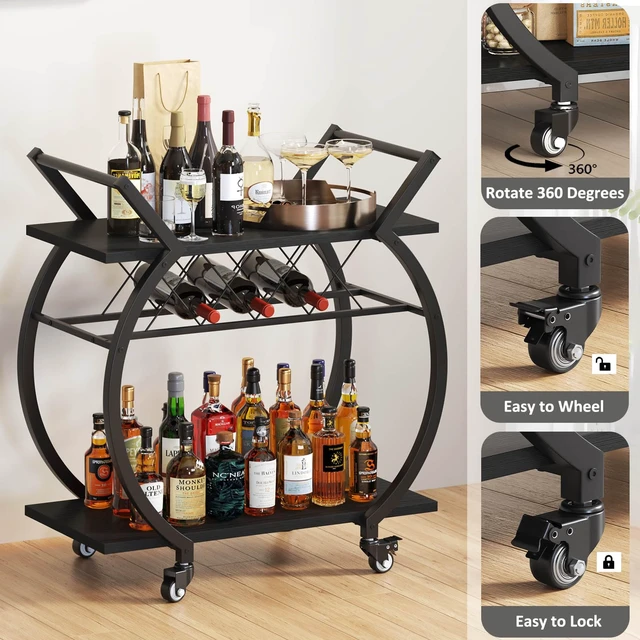 Alt view image 5 of 7 - Black Bar Cart with Wheels, Industrial Wine Cart with Storage for Home | Modern Bar Cart with Wine Rack, Beverage Rolling Kitchen Serving Cart, Wooden Microwave Drink Liquor Cart for Dining Room